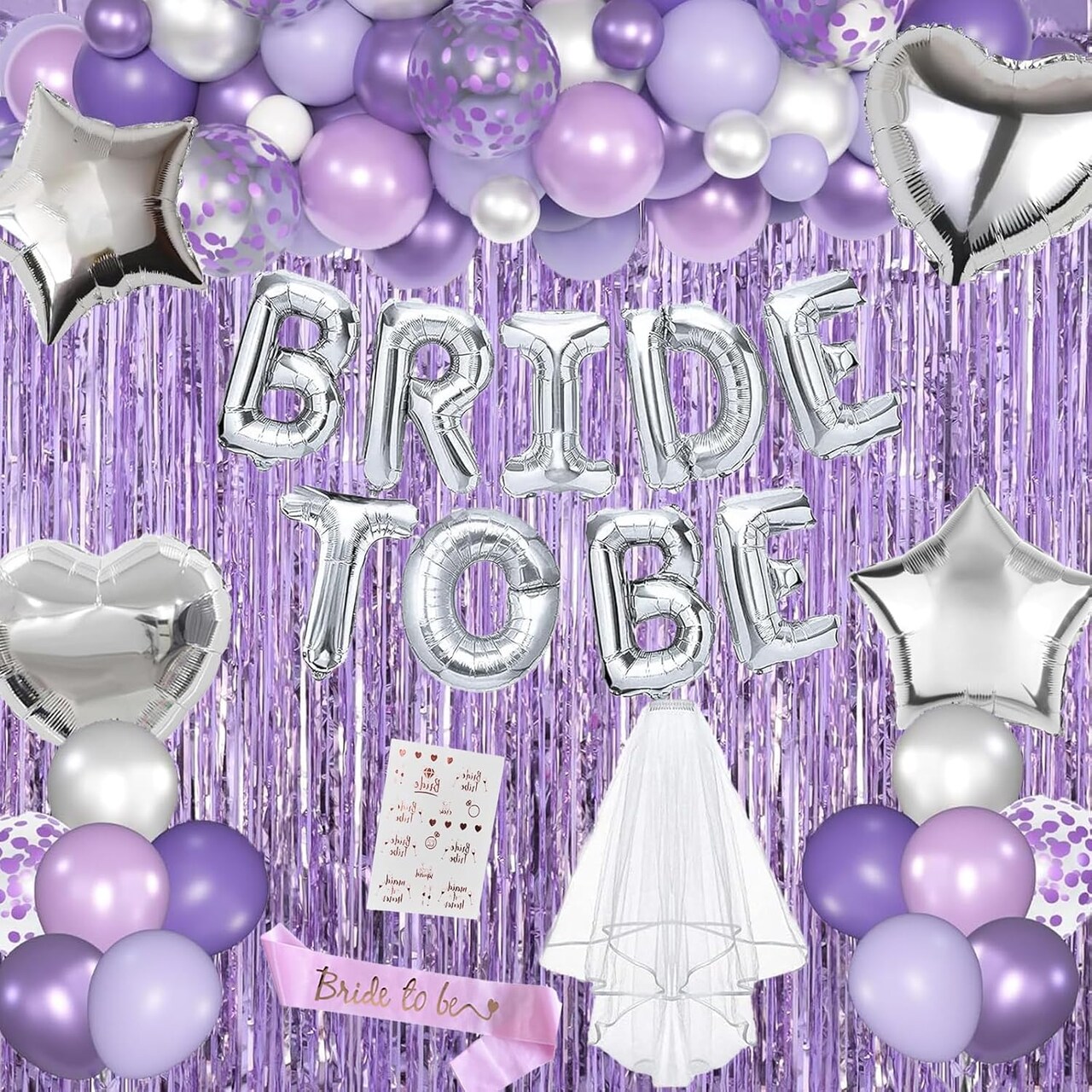 Lavender Bachelorette Party Decorations Set- Purple Bridal Shower Decorations Engagement Wedding Party Decor with Bride To Be Sash, Veil, Temporary Tattoos, Confetti Balloons Pack and Fringe Curtain